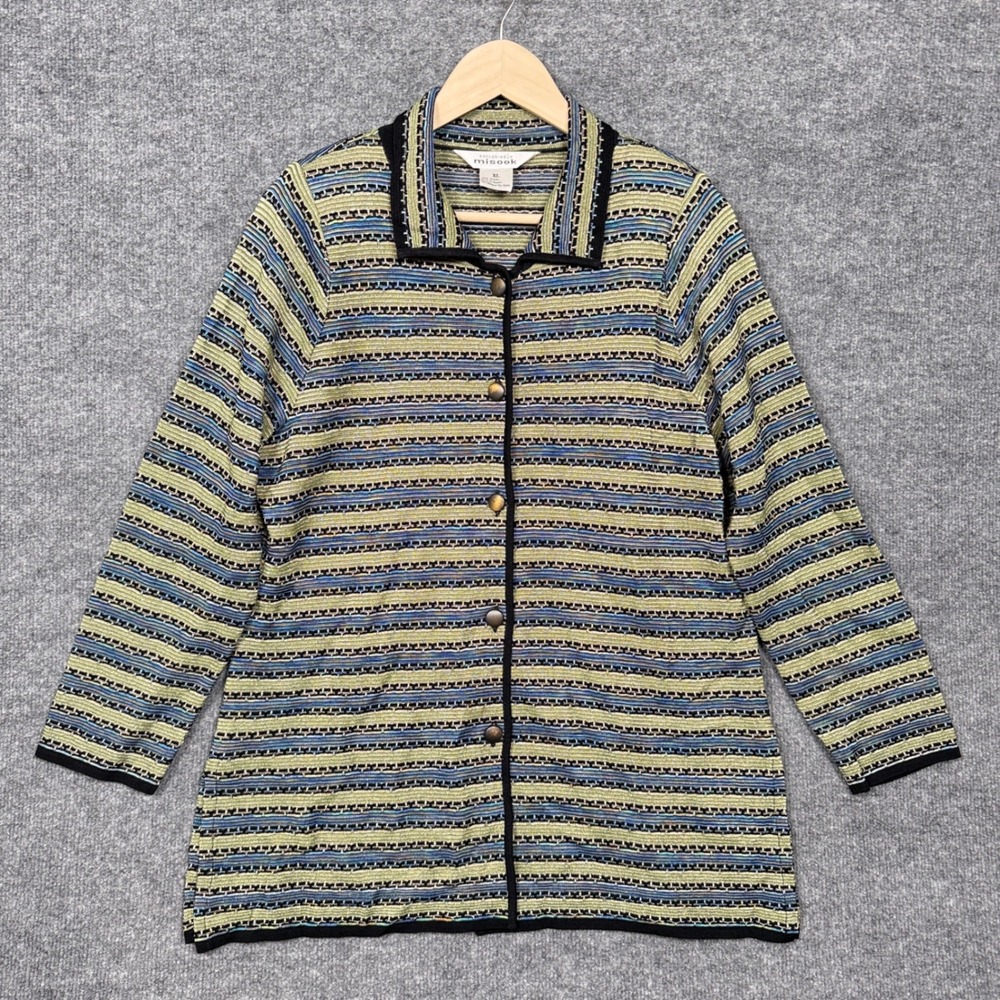 Exclusively Misook Womens Sz XL Cardigan Tan Blue Striped Button Up Long Sleeves